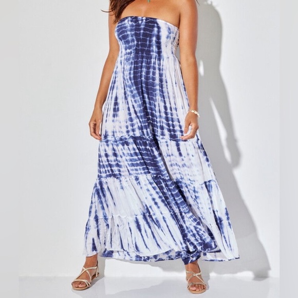 Womens Raviya Tie Dye Strapless Smocked Maxi Dress Cover up Medium White Blue - Picture 1 of 16